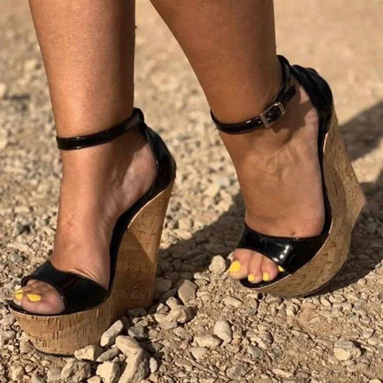Uus Rooma Mood Naine Puidust Platvorm Sandaalid Seksikas Kiilud Kõrge Kontsaga Sandaalid Avatud Varvas Läikiv Must Pool Kingad Naistele Pluss Suurus 47
