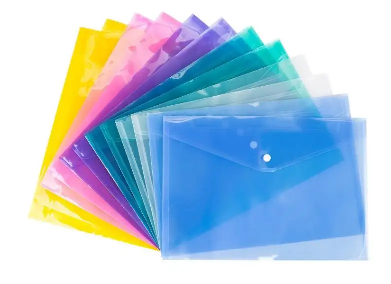 600pcs Faili kausta läbipaistev plastik dokumendi kott A4 hasp nuppu puhus värv salastatud ladustamise kirjatarvete kott faili omanik