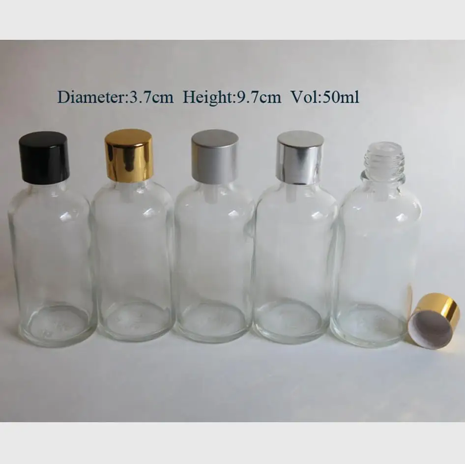 Hulgi-100tk 50ml läbipaistvast klaasist pudel, millel reduktor tilguti ja nähtavalt rikutud kaanega, klaas 50ml selge eeterlikku õli pudel