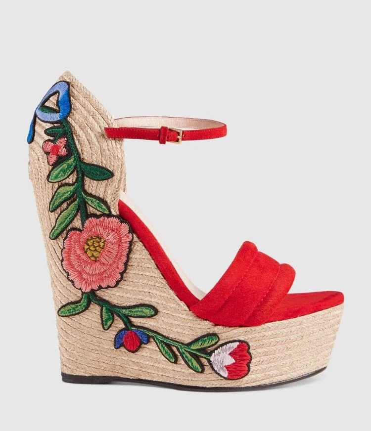 Lille tikandid decor kiilud sandaalid platvorm, kõrge kontsaga kanepi köis pleisse katta üks rihma pidulik punane wedges kingad