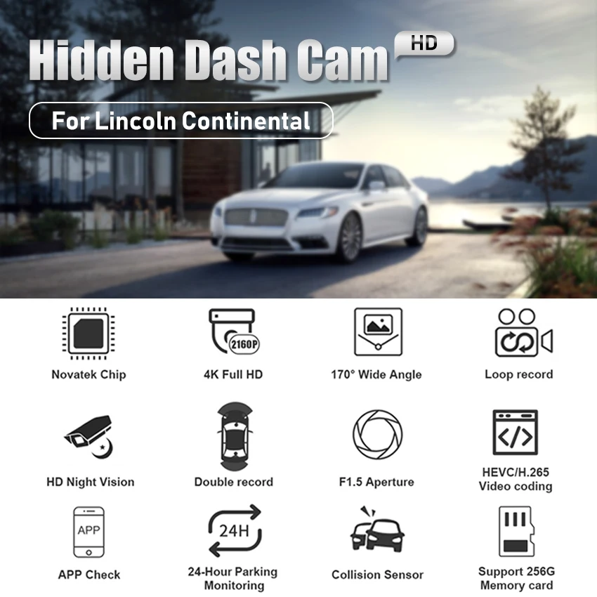 4K Car DVR Peidetud Kriips Cam Kaamera Wifi APP Kontrolli Sõidu videosalvesti 24h Parkimine rekord Lincoln Continental 2017-2022