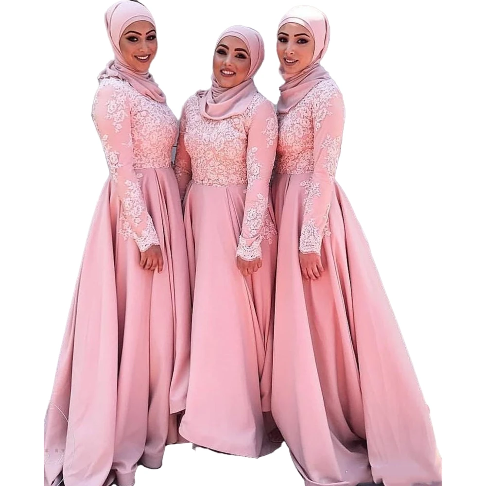 Hijab Moslemi Roosa Pruutneitsi Kleidid araabia Dubai 2022 Uus Disain Pits Applique Pikkade Varrukatega Neiu Au Kleit Õhtul Hommikumantlid