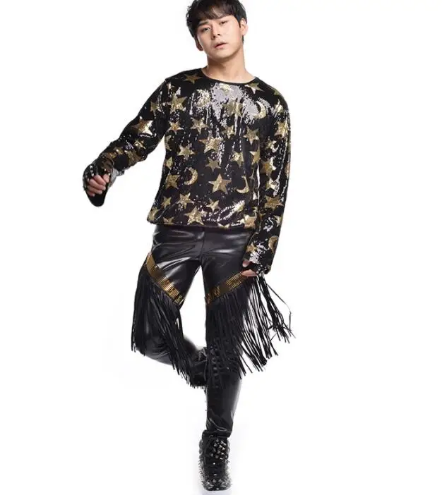 Populaarne mood punk sale seksikas peep varba kingad särk meeste särk pikad varrukad teismeliste korea särk mens isiksuse etapp laulja tants must