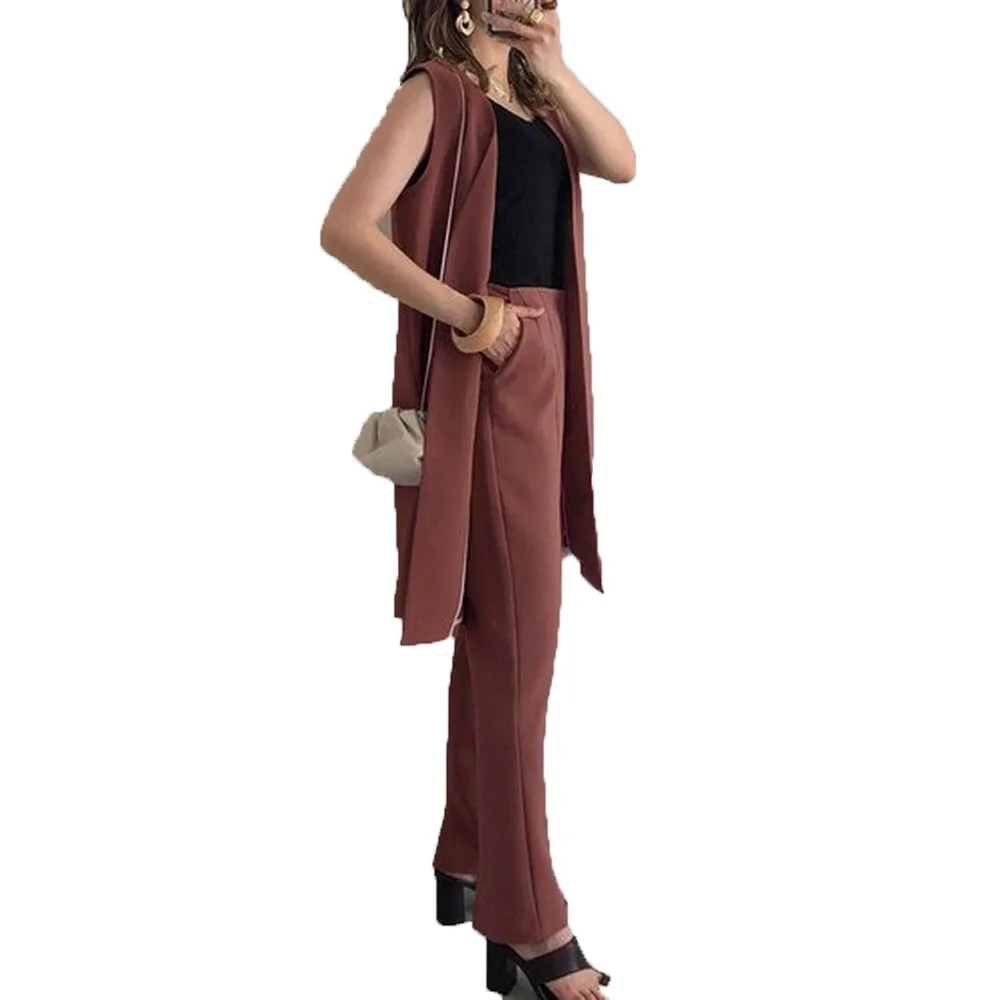 Vintage Mood Naiste 2tk-Set Long Käisteta Vest Vabaaja Tasku Sirge Lai Jalg Püksid Sobivad Office Lady Streetwear Varustus