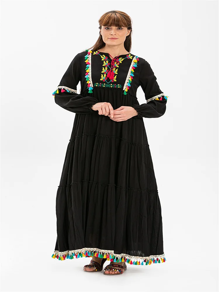 Pikk Must Käsitöö %100 Puuvill Tasseled Kleit Uus Trend Mood Spetsiaalne Disain Naiste Hijab Rõivad
