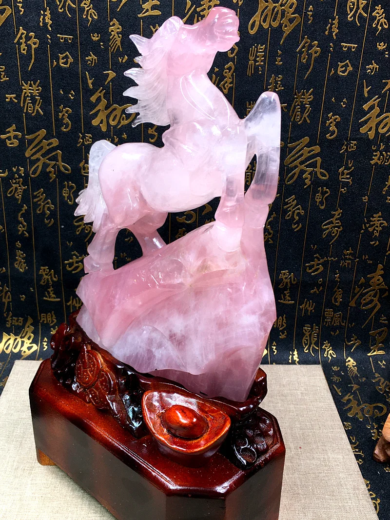 2700g Looduslik roosa kristall Kvarts nikerdatud Hobune Home Decor tervendav kingitus+seista