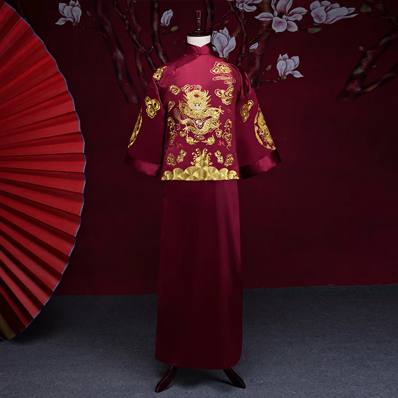 Isane punane cheongsam terviseks kostüümid grooms kleit, jakk, pikk kleit, traditsiooniline Hiina stiilis pulm Qipao mehed tikandid tang ülikond
