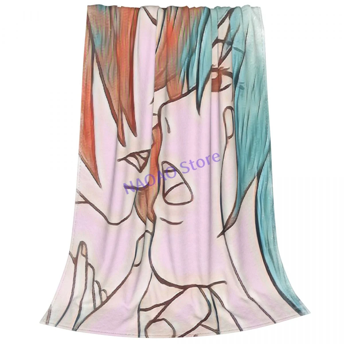 Psühhedeelne Anime Poiss Ja Tüdruk Suudlemine (Õlipastell Ja Akvarell Maal) Anime Paar Viska Tekk, Linad Voodis, Tekk