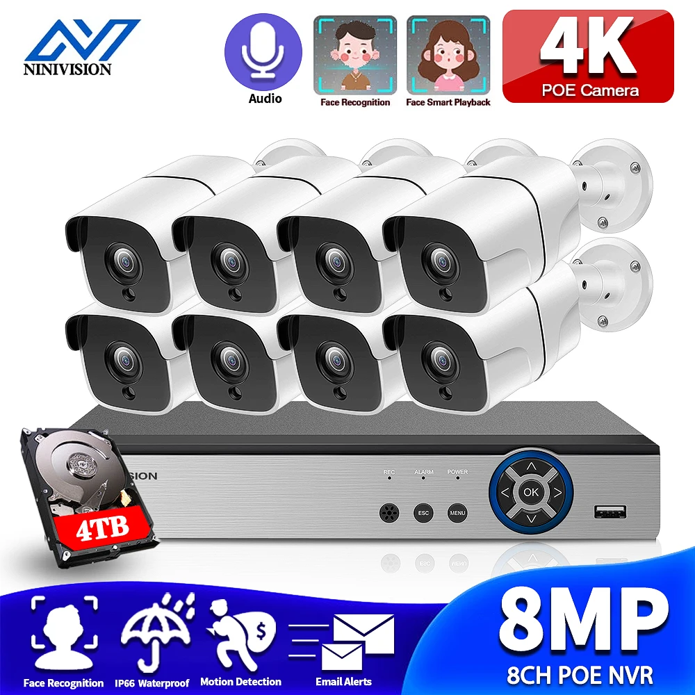 NINIVISION 4K 8CH 8MP POE NVR Kit CCTV Süsteem, näotuvastus, Taasesitus Väljas Heli Salvestada IP Kaamera videovalve Komplekt