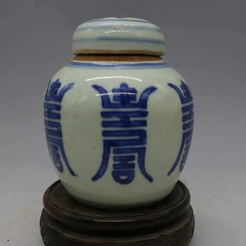 3 Antiikmööbel QingDynasty portselan pott, Sinine ja valge pikaealisuse jar /kanister ,Käsitsi maalitud käsitöö,Sisustus,Kogumise&Ehted