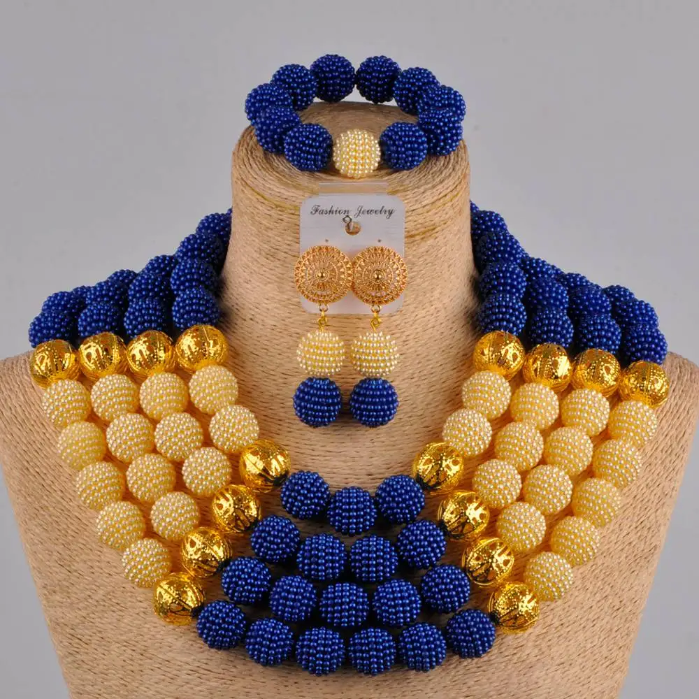 Päris royal blue gold nigeeria aafrika pulm helmed ehete komplekt simuleeritud pearl ehted kaelakee komplekt