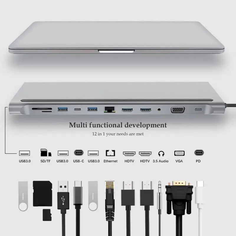 Alumiinium Tüüp-C Docking Station 12-In-1 USB3.0 Hub Multiport Adapter 1000M Etherneti Port, HDMI-Compitible Toetada SD/TF